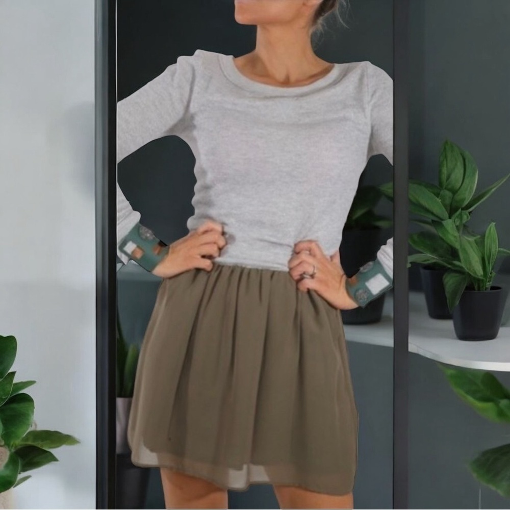 Deletta for Anthropologie Gray Terry Sweatshirt Dress w/ Olive Chiffon Skirt S